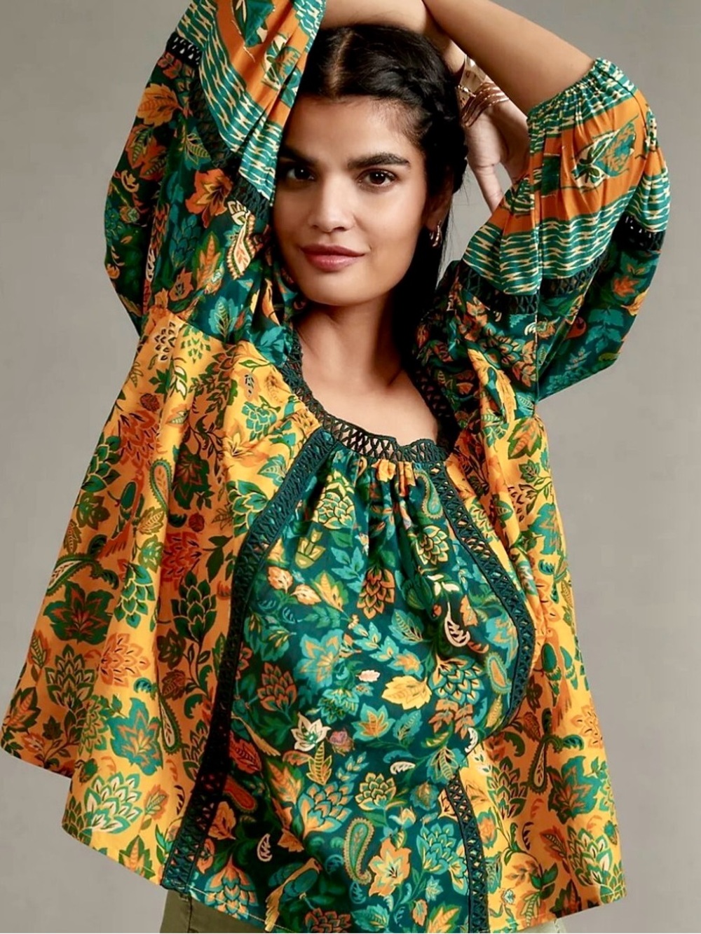 Farm Rio x Anthropologie Lace Inset Peasant Blouse Gold & Green, Size XXS